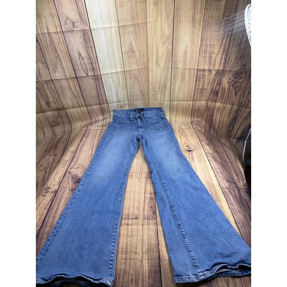 Gap Denim 70s Flare Jeans Womens 4/27R Medium Wash Blue High Rise Patch Pockets